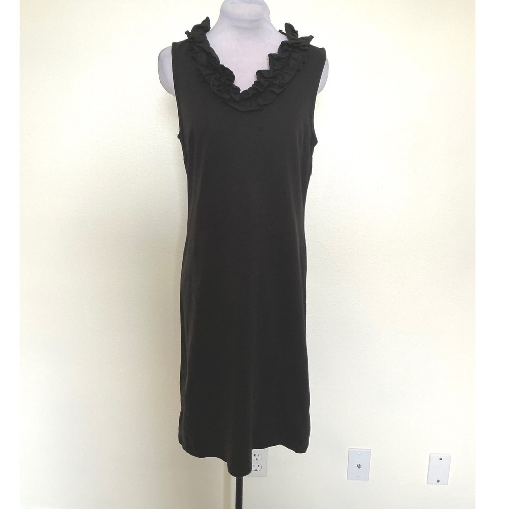 Talbots Petites Black Ruffle Neck Sleeveless Knit Shift Dress SP 100% Cotton - Picture 11 of 13